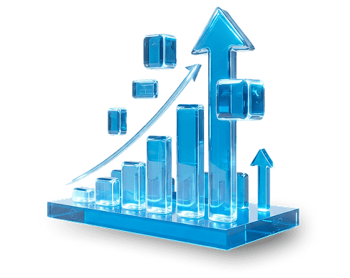 3D glass bar chart with upward arrow representing business growth