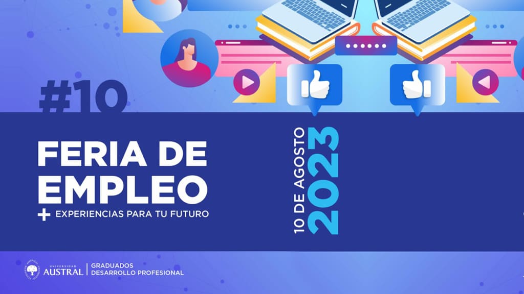 Universidad Austral 10th Employment Fair 2023 promotional banner with digital icons and social media illustrations