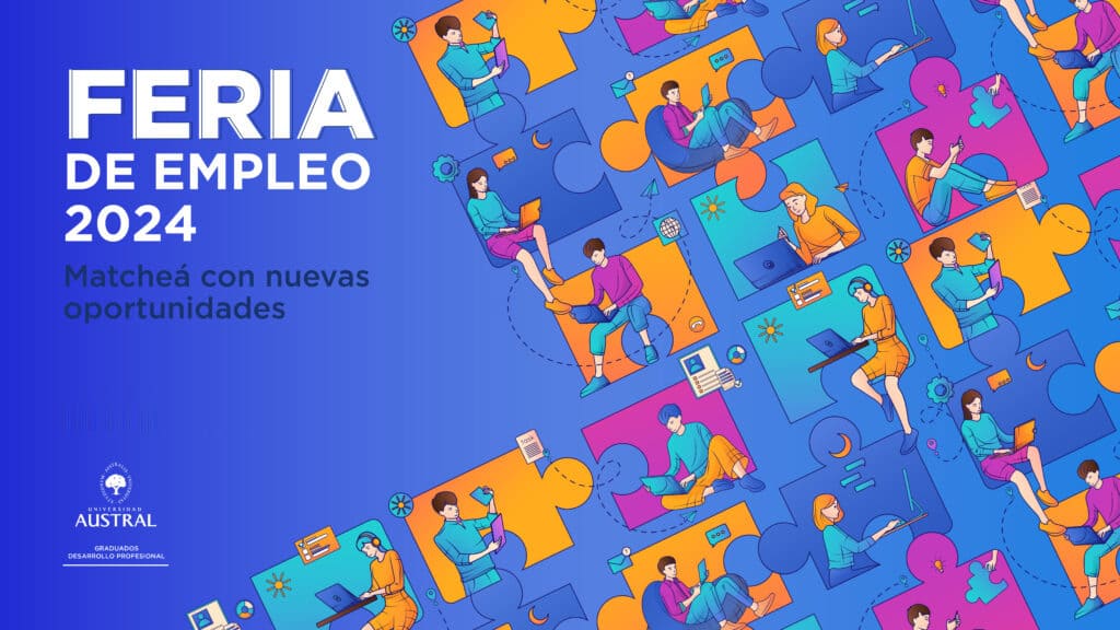 Universidad Austral Employment Fair 2024 promotional banner with colorful puzzle pieces and illustrations of young professionals