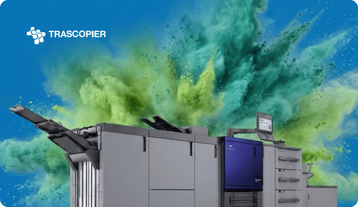 Trascopier industrial printing equipment website with colorful powder explosion effect