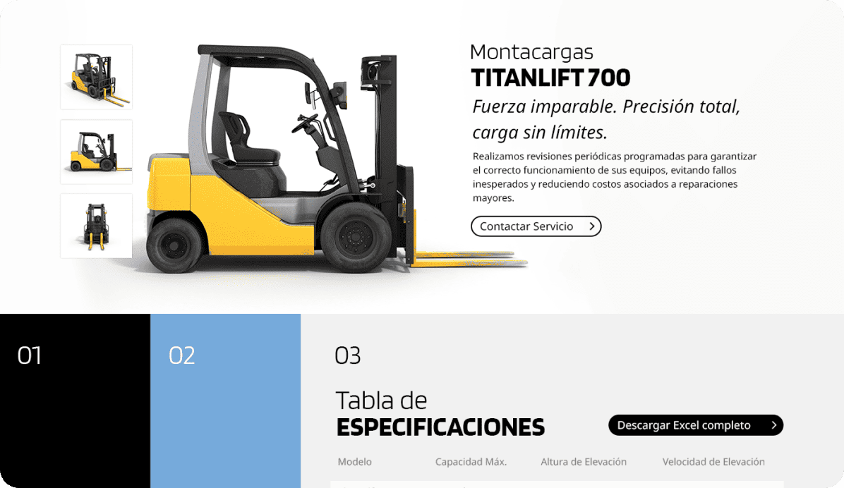 Titanlift 700 forklift product page with specifications table and service contact section